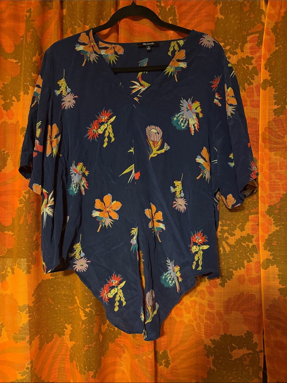 Madewell Floral Navy V-Neck Wrap Silk Blouse